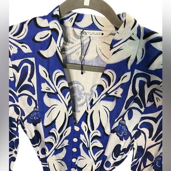 Zara Printed Blue Shirt Linen Dress - Picture 6 of 9